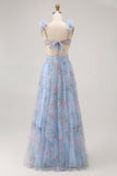 Pastel Blue Floral A-Line Tulle Maxi Dress with 3D Floral Shoulder Appliqu茅s