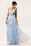 Pastel Blue Floral A-Line Tulle Maxi Dress with 3D Floral Shoulder Appliqu茅s