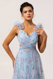Pastel Blue Floral A-Line Tulle Maxi Dress with 3D Floral Shoulder Appliqu茅s