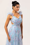 Pastel Blue Floral A-Line Tulle Maxi Dress with 3D Floral Shoulder Appliqu茅s