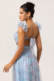 Pastel Blue Floral A-Line Tulle Maxi Dress with 3D Floral Shoulder Appliqu茅s