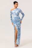 Blue & White Floral One-Shoulder Long Sleeves Drawstring Maxi Dress with High Slit
