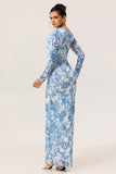 Blue & White Floral One-Shoulder Long Sleeves Drawstring Maxi Dress with High Slit