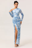 Blue & White Floral One-Shoulder Long Sleeves Drawstring Maxi Dress with High Slit