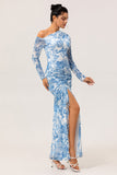 Blue & White Floral One-Shoulder Long Sleeves Drawstring Maxi Dress with High Slit
