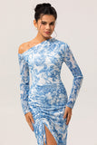 Blue & White Floral One-Shoulder Long Sleeves Drawstring Maxi Dress with High Slit
