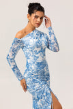 Blue & White Floral One-Shoulder Long Sleeves Drawstring Maxi Dress with High Slit