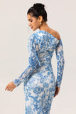 Blue & White Floral One-Shoulder Long Sleeves Drawstring Maxi Dress with High Slit