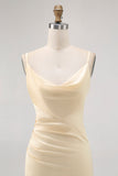 Champagne Sheath Cowl Neck Satin Long Bridesmaid Dress with Slit