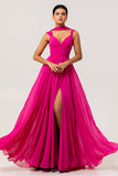 Fuchsia A Line Convertible Backless Chiffon Long Bridesmaid Dress with Slit