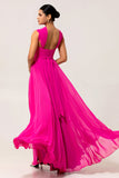Fuchsia A Line Convertible Backless Chiffon Long Bridesmaid Dress with Slit