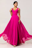 Fuchsia A Line Convertible Backless Chiffon Long Bridesmaid Dress with Slit