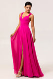Fuchsia A Line Convertible Backless Chiffon Long Bridesmaid Dress with Slit