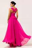 Fuchsia A Line Convertible Backless Chiffon Long Bridesmaid Dress with Slit