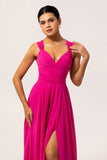 Fuchsia A Line Convertible Backless Chiffon Long Bridesmaid Dress with Slit