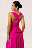 Fuchsia A Line Convertible Backless Chiffon Long Bridesmaid Dress with Slit