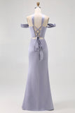Dusty Blue Sheath Off The Shoulder Backless Satin Long Bridesmaid Dress with Slit