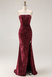 Peacock Green Strapless Sheath Velvet Burnout Floral Maxi Dress with Slit
