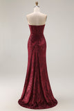 Peacock Green Strapless Sheath Velvet Burnout Floral Maxi Dress with Slit