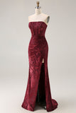 Peacock Green Strapless Sheath Velvet Burnout Floral Maxi Dress with Slit