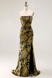 Peacock Green Strapless Sheath Velvet Burnout Floral Maxi Dress with Slit