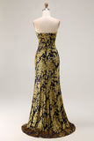 Peacock Green Strapless Sheath Velvet Burnout Floral Maxi Dress with Slit