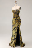 Peacock Green Strapless Sheath Velvet Burnout Floral Maxi Dress with Slit