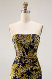Peacock Green Strapless Sheath Velvet Burnout Floral Maxi Dress with Slit