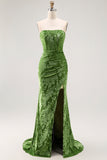 Peacock Green Strapless Sheath Velvet Burnout Floral Maxi Dress with Slit