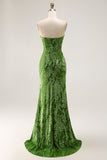 Peacock Green Strapless Sheath Velvet Burnout Floral Maxi Dress with Slit