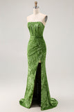 Peacock Green Strapless Sheath Velvet Burnout Floral Maxi Dress with Slit