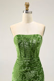 Peacock Green Strapless Sheath Velvet Burnout Floral Maxi Dress with Slit