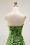 Peacock Green Strapless Sheath Velvet Burnout Floral Maxi Dress with Slit