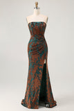 Peacock Green Strapless Sheath Velvet Burnout Floral Maxi Dress with Slit