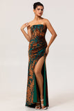 Dark Green Sheath Strapless Burnout Velvet Corset Maxi Dress with Slit