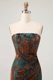Peacock Green Strapless Sheath Velvet Burnout Floral Maxi Dress with Slit
