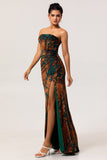 Dark Green Sheath Strapless Burnout Velvet Corset Maxi Dress with Slit