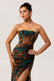 Dark Green Sheath Strapless Burnout Velvet Corset Maxi Dress with Slit