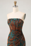 Peacock Green Strapless Sheath Velvet Burnout Floral Maxi Dress with Slit