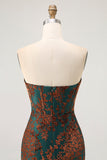 Peacock Green Strapless Sheath Velvet Burnout Floral Maxi Dress with Slit