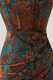 Peacock Green Strapless Sheath Velvet Burnout Floral Maxi Dress with Slit