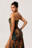 Dark Green Sheath Strapless Burnout Velvet Corset Maxi Dress with Slit