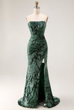 Peacock Green Strapless Sheath Velvet Burnout Floral Maxi Dress with Slit