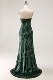 Peacock Green Strapless Sheath Velvet Burnout Floral Maxi Dress with Slit