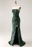 Peacock Green Strapless Sheath Velvet Burnout Floral Maxi Dress with Slit
