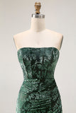 Peacock Green Strapless Sheath Velvet Burnout Floral Maxi Dress with Slit