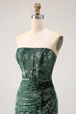 Peacock Green Strapless Sheath Velvet Burnout Floral Maxi Dress with Slit
