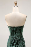 Peacock Green Strapless Sheath Velvet Burnout Floral Maxi Dress with Slit