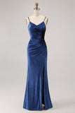 Dark Blue Sheath Spaghetti Straps V Neck Velvet Long Bridesmaid Dress with Slit