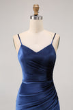 Dark Blue Sheath Spaghetti Straps V Neck Velvet Long Bridesmaid Dress with Slit